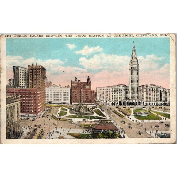 Public Square showing Union Station on the right Cleveland Ohio Posted PC336 - Picture 1 of 2